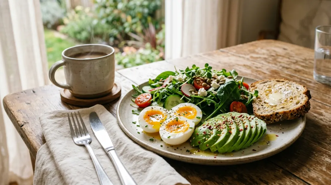 A protein-rich breakfast plate with eggs and avocado