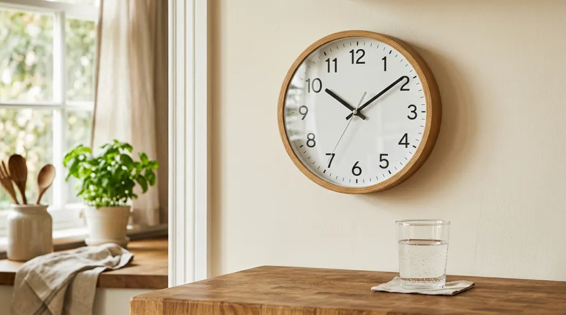 A kitchen wall clock in daytime with a glass of water