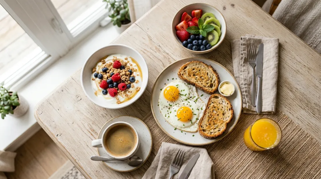 A bright breakfast of eggs, yogurt, and fruit on a table