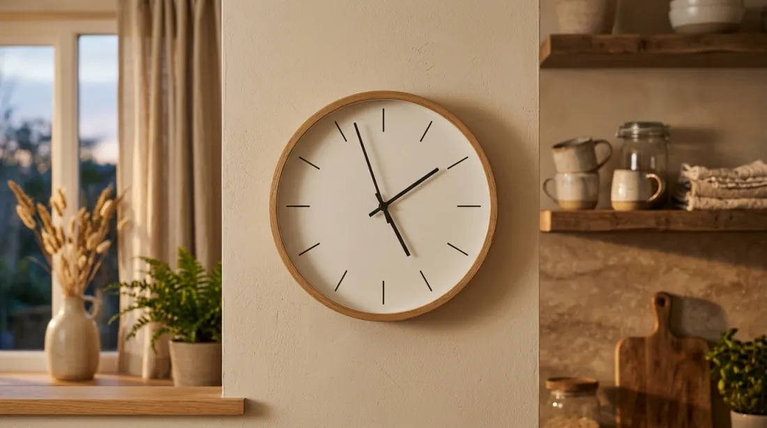 A wall clock in a kitchen in warm evening light