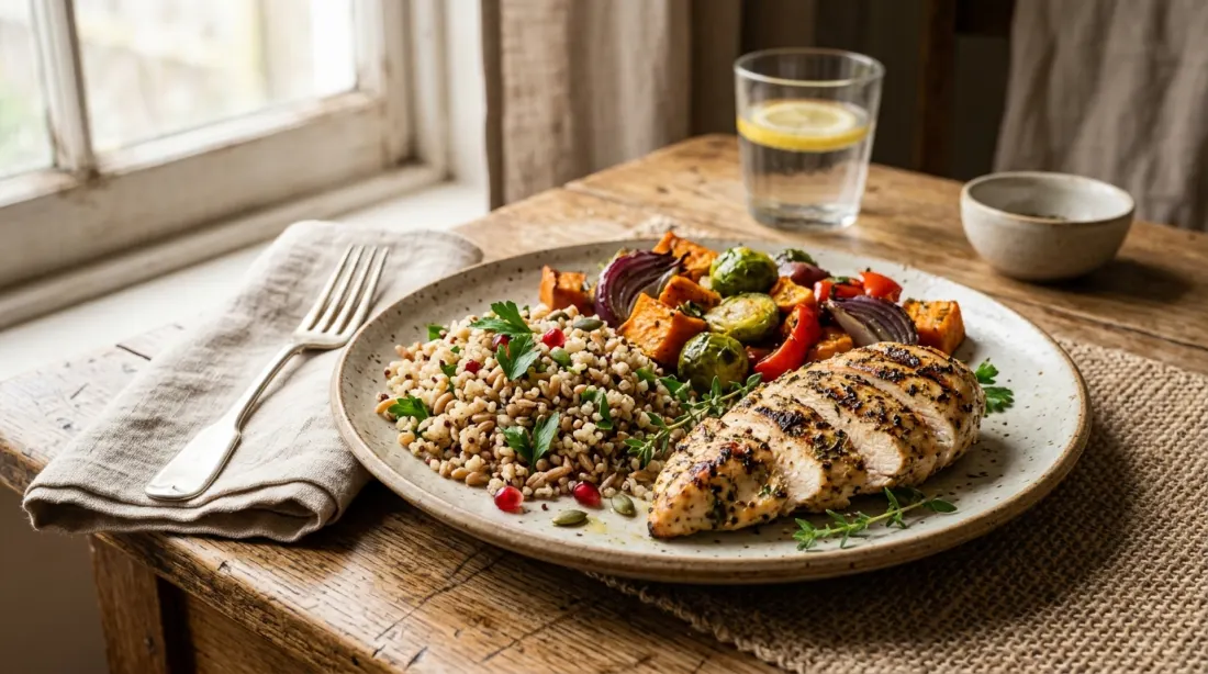 A balanced plate of grilled chicken, vegetables, and grains