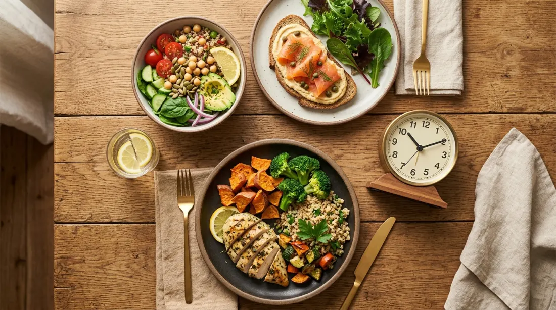 A healthy meal on a wooden table with a small clock, representing an 18/6 eating window