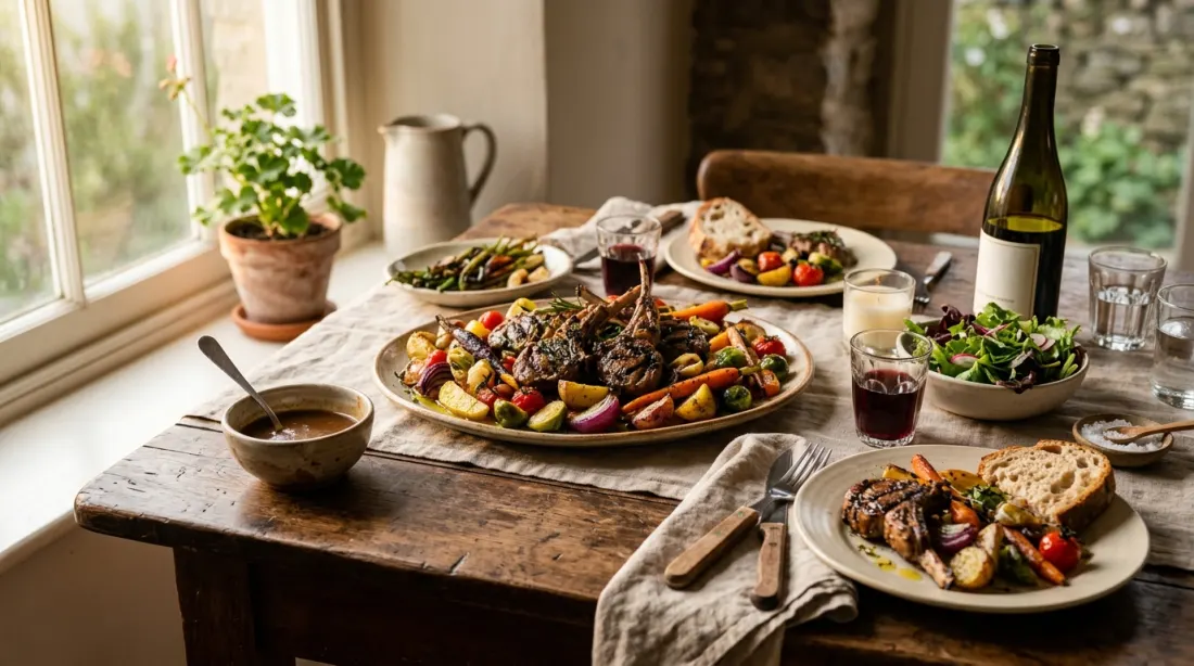 A rustic dinner spread with grilled meat and vegetables