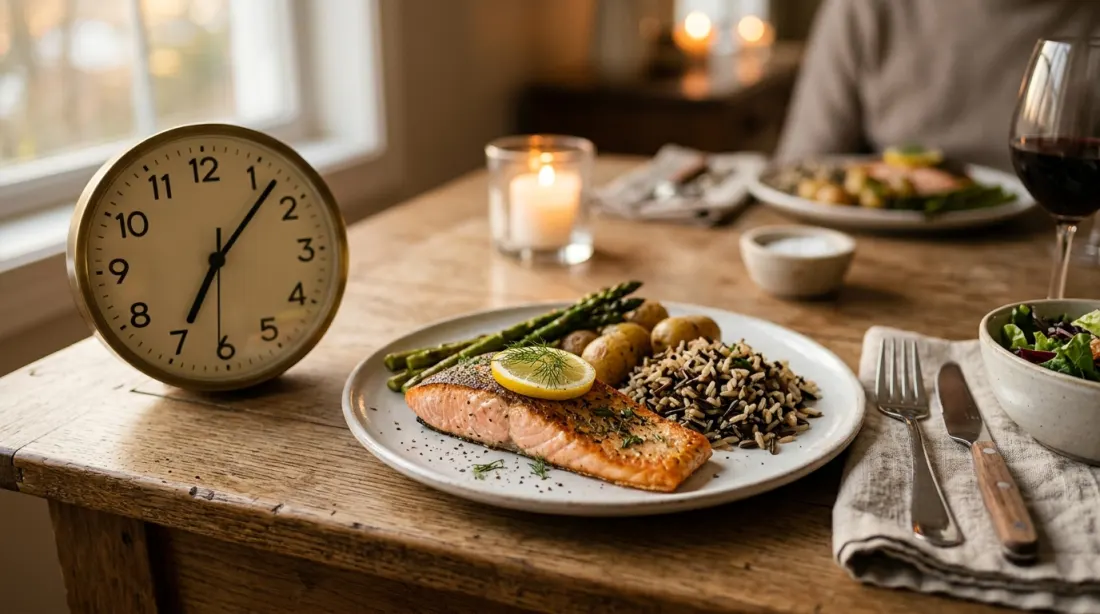 A clock beside a dinner plate representing a short evening eating window