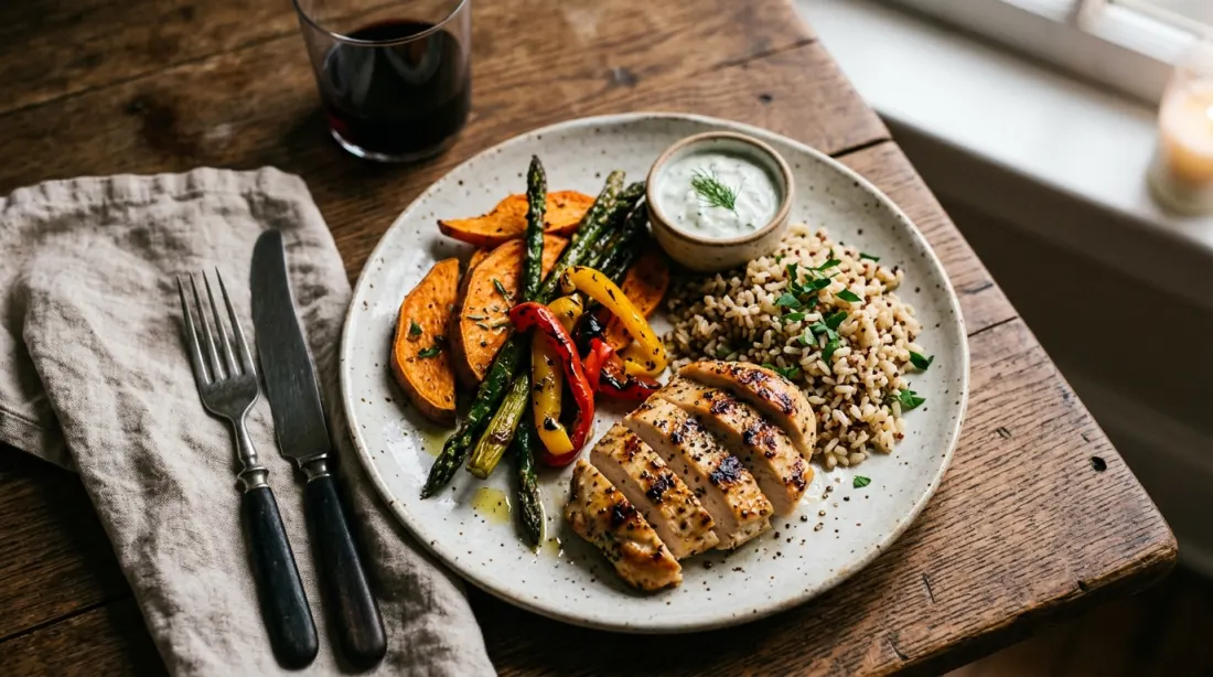 A single hearty evening dinner plate with protein and vegetables