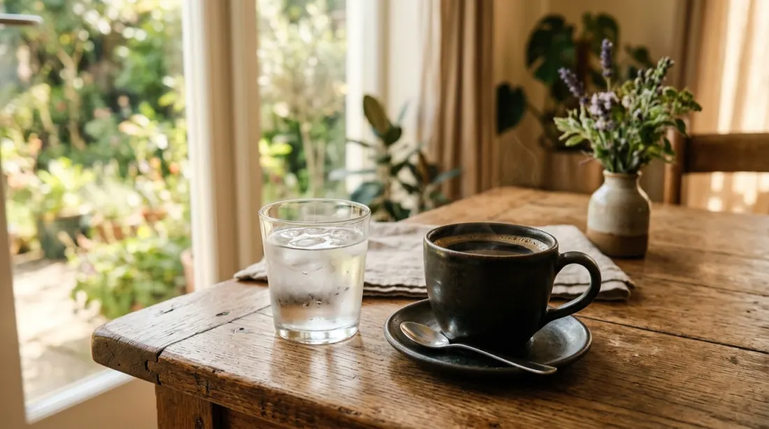 A glass of water and a cup of black coffee on a table