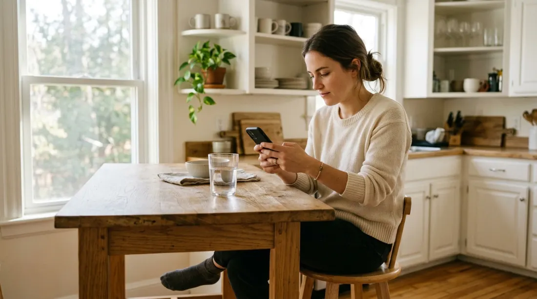 A person checking a phone timer in a bright kitchen