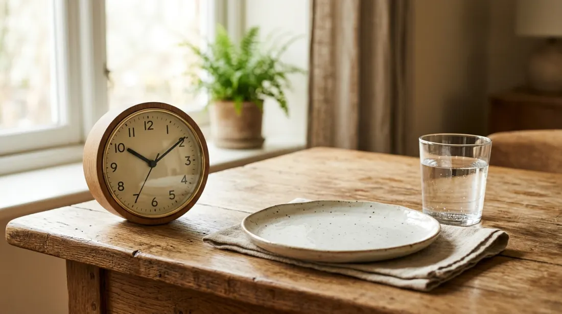 A clock beside an empty plate and a glass of water