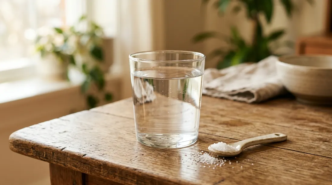 A glass of water with electrolytes on a wooden table