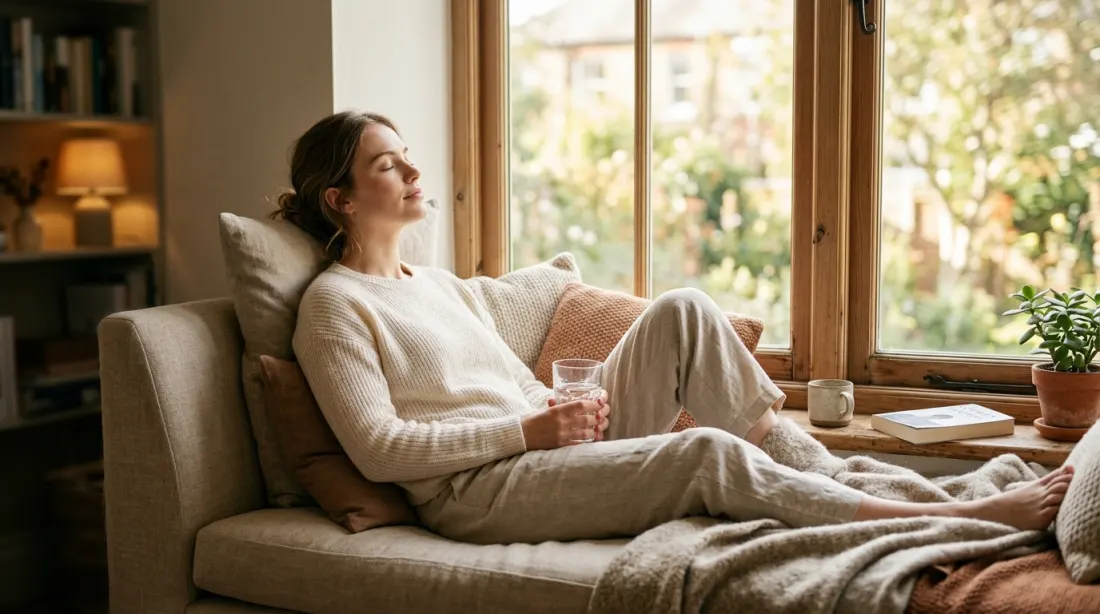 A person resting with a glass of water by a window