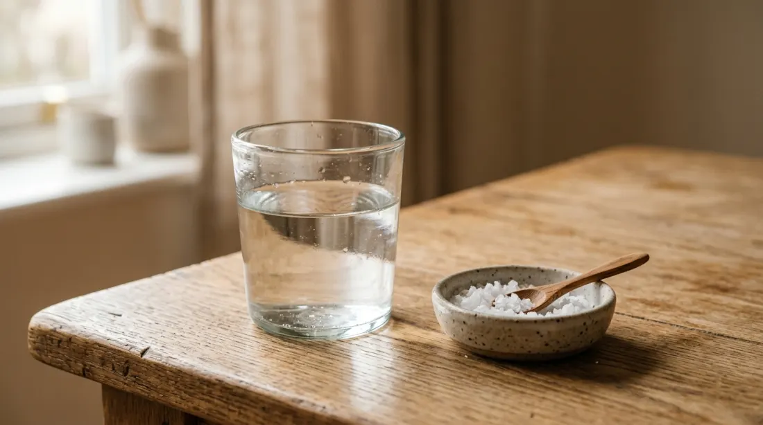 A glass of water and a small dish of salt on a table