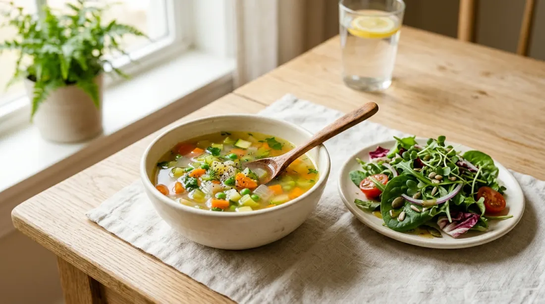 A bowl of vegetable soup and a plate of leafy greens