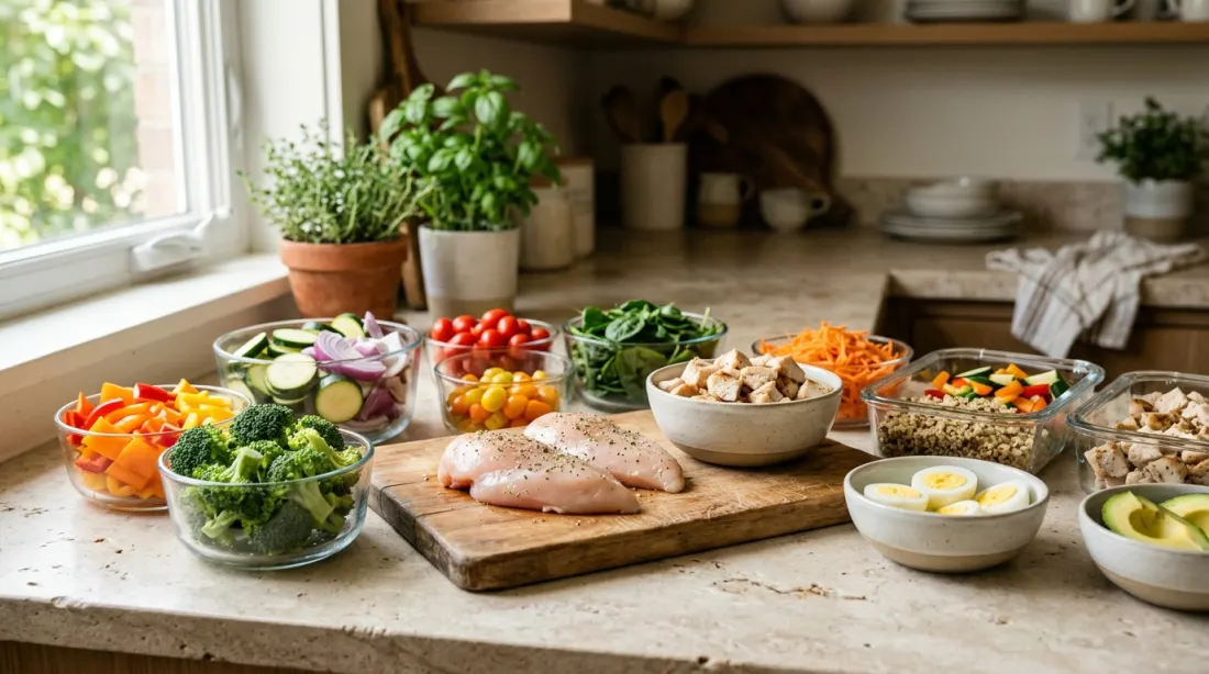 Fresh vegetables and lean protein prepped on a counter