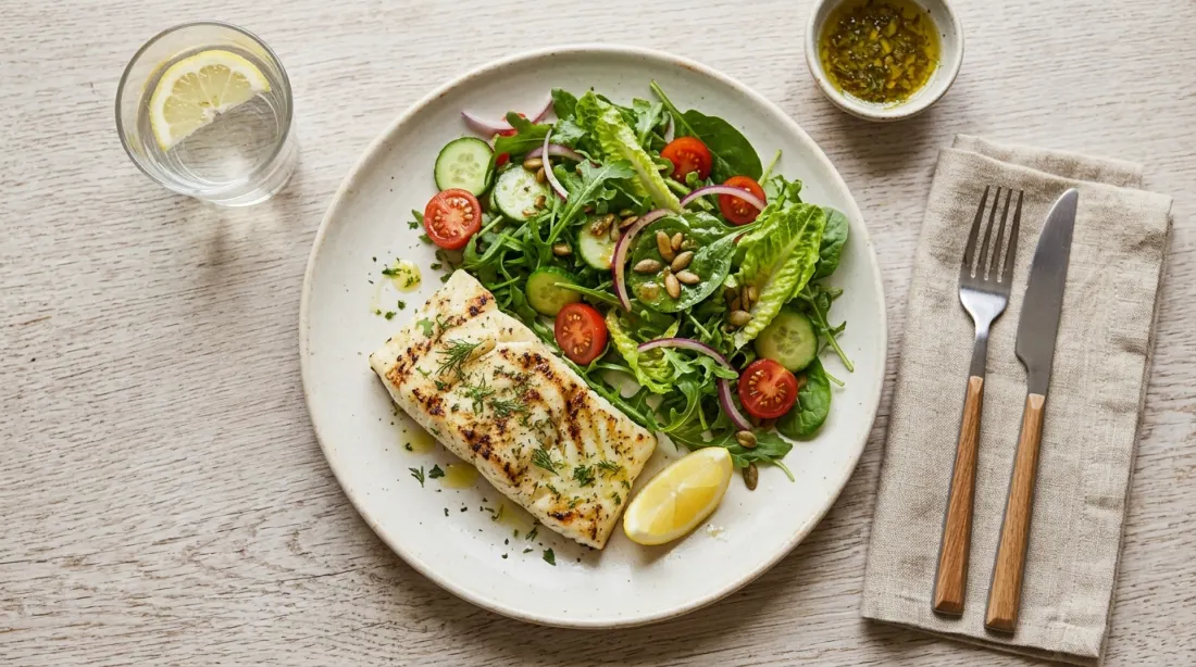 A light low-calorie meal of grilled fish with a fresh salad