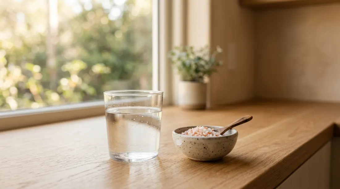 A glass of water and electrolyte salts on a clean counter