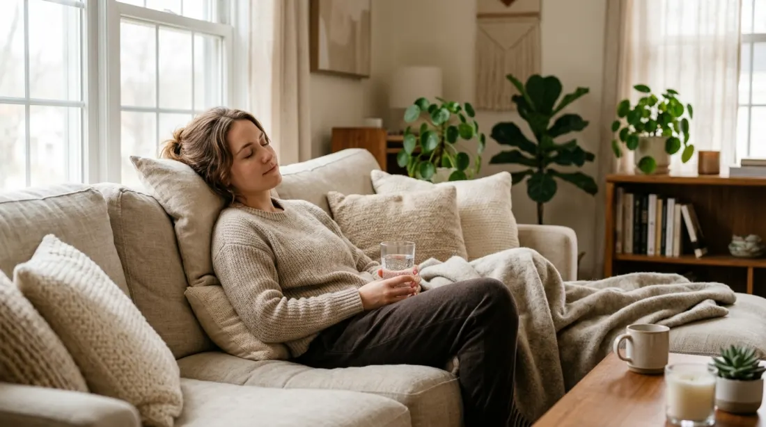 A calm person resting on a couch with a glass of water