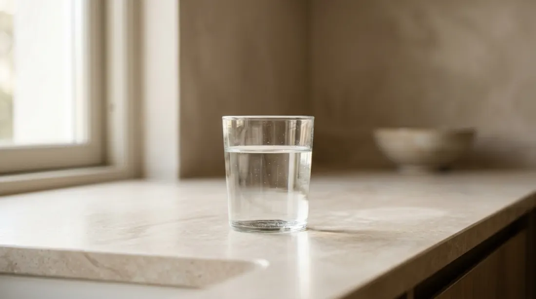 A minimal still life of a glass of water on a clean counter