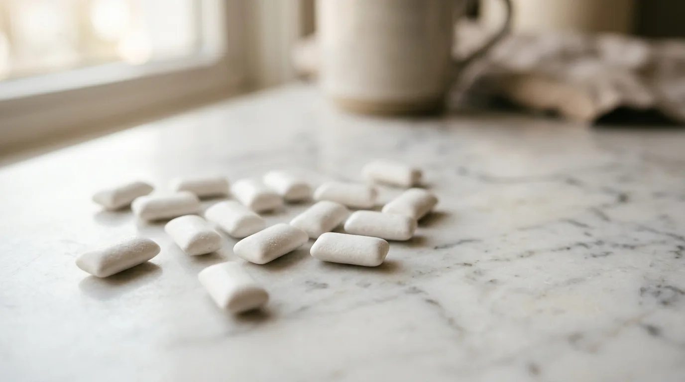 Close-up of white sugar-free gum pieces