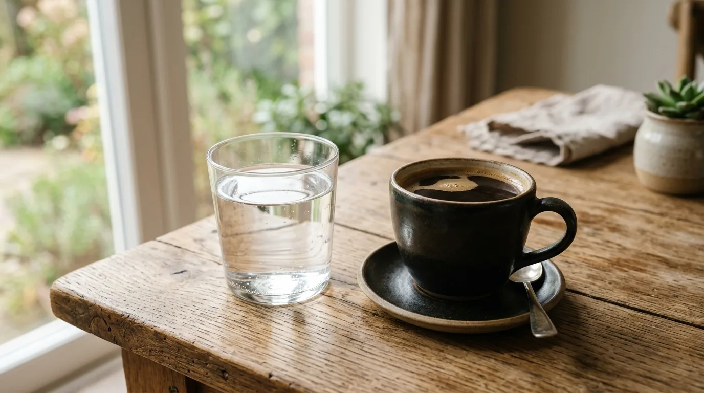 A glass of water and a cup of black coffee on a table