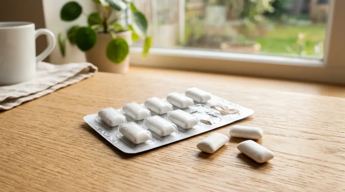 A pack of sugar-free gum and a few pieces on a light surface