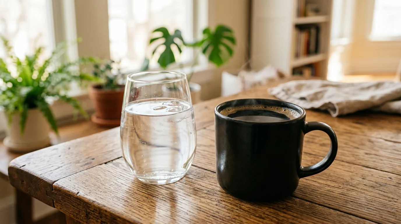 A mug of black coffee and a glass of water side by side
