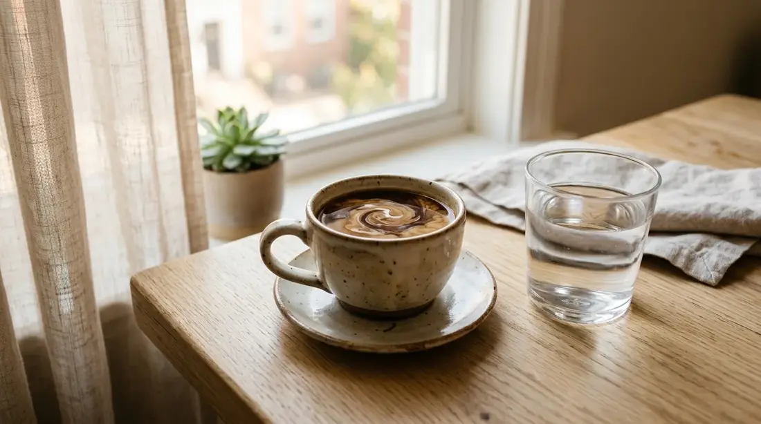 A cup of coffee with a splash of cream next to a glass of water