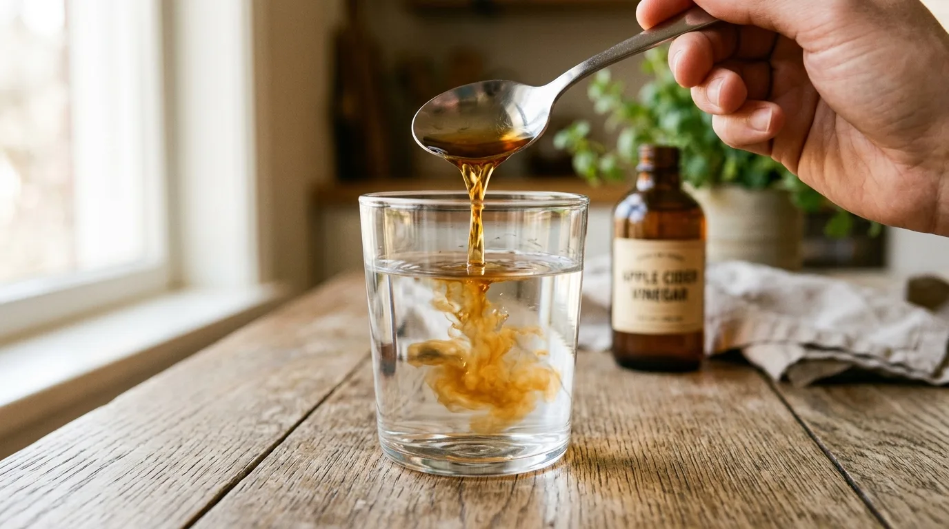 A tablespoon of apple cider vinegar being stirred into a glass of water