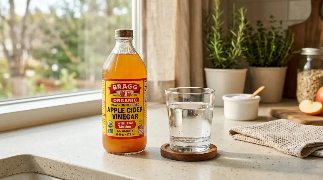 A bottle of apple cider vinegar next to a glass of water
