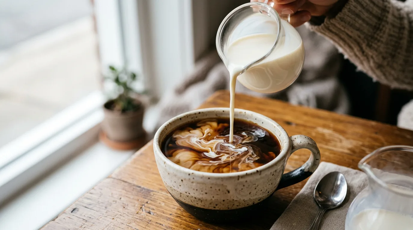 Cream being poured into a cup of black coffee, swirls forming