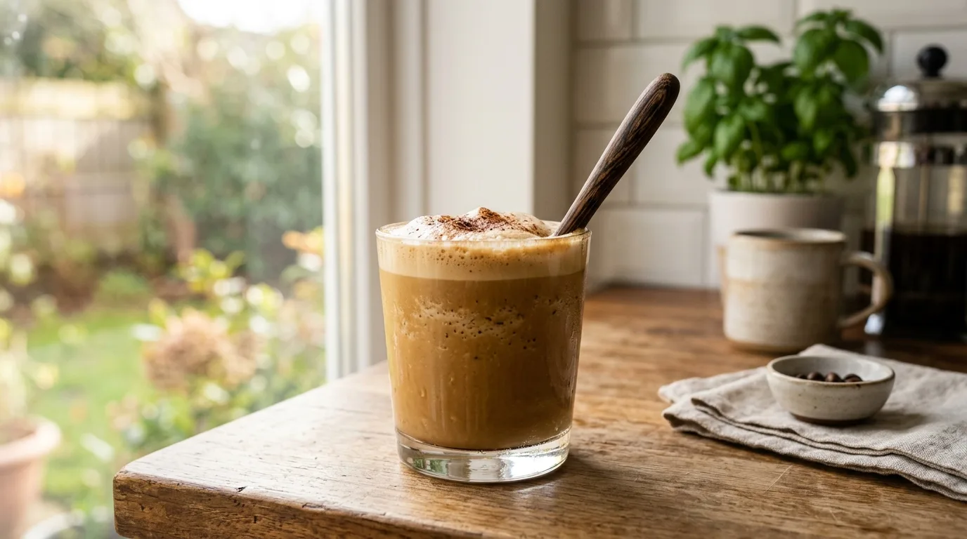 A creamy blended coffee in a glass with a wooden spoon on a counter
