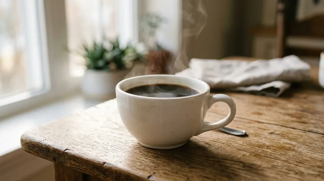 Illustration of a cup of black coffee with steam in warm morning light