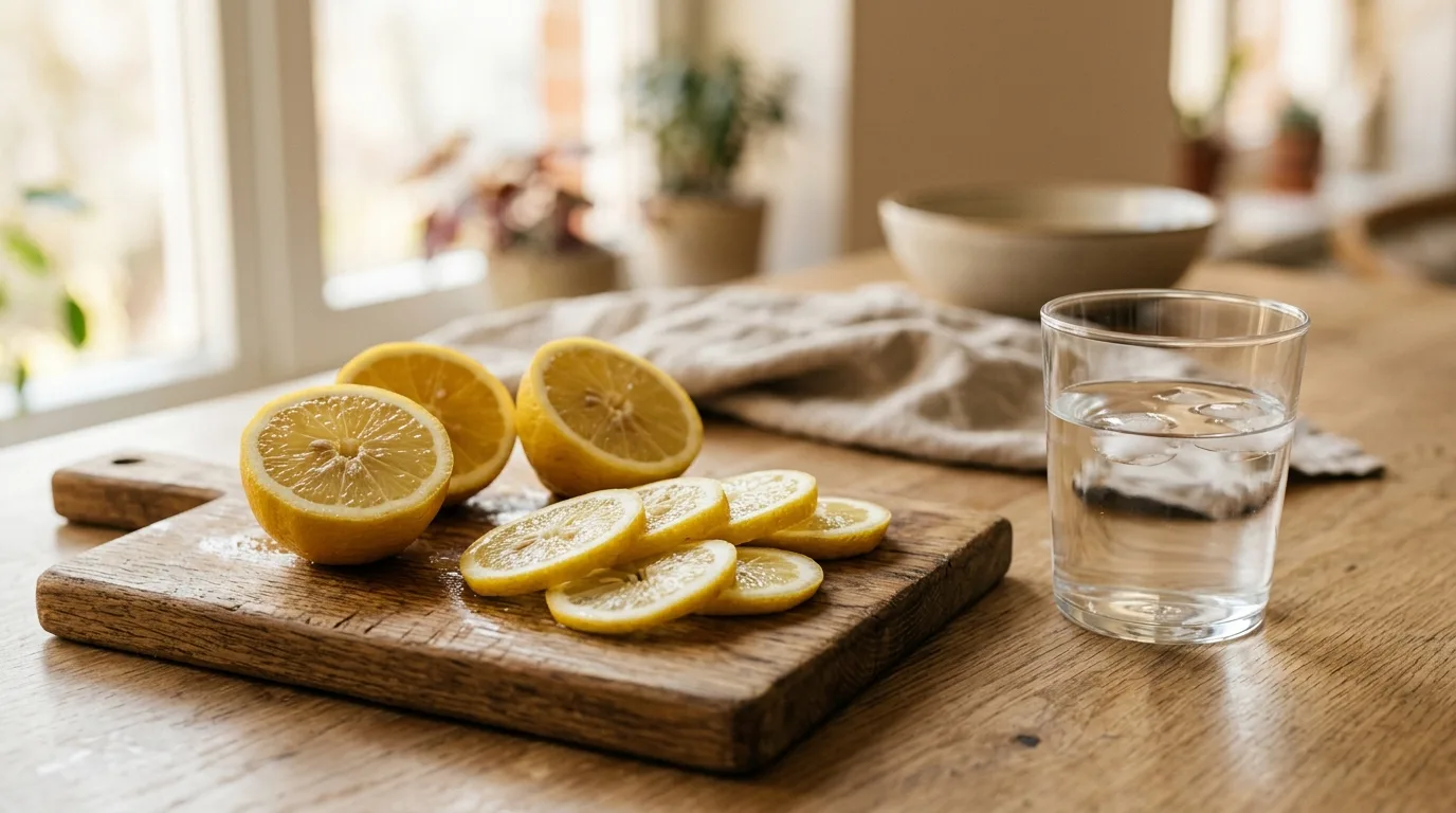 Fresh lemon slices next to a glass of water