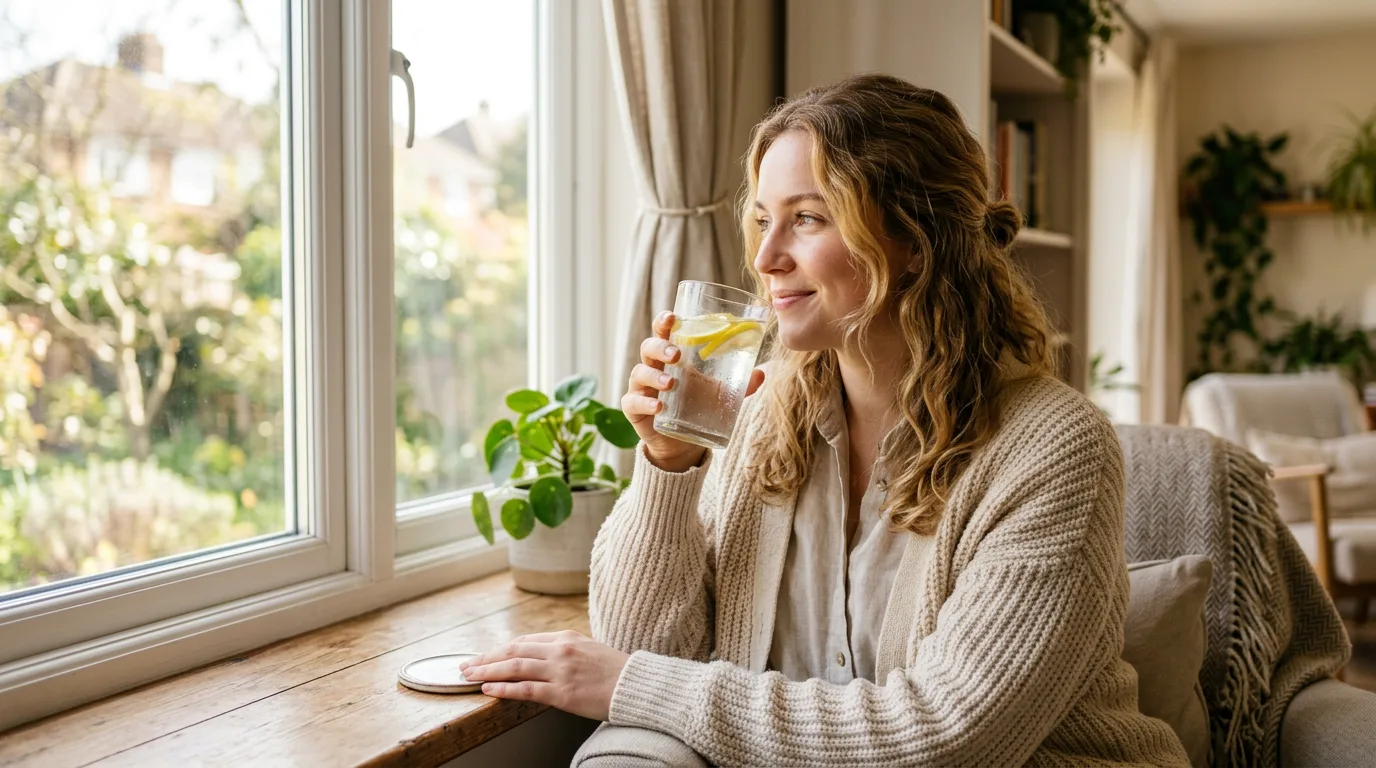 A person holding a glass of lemon water by a window