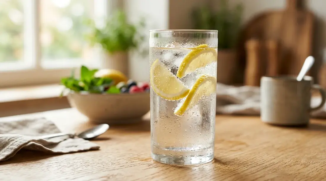 A tall glass of lemon water with fresh lemon slices on a table