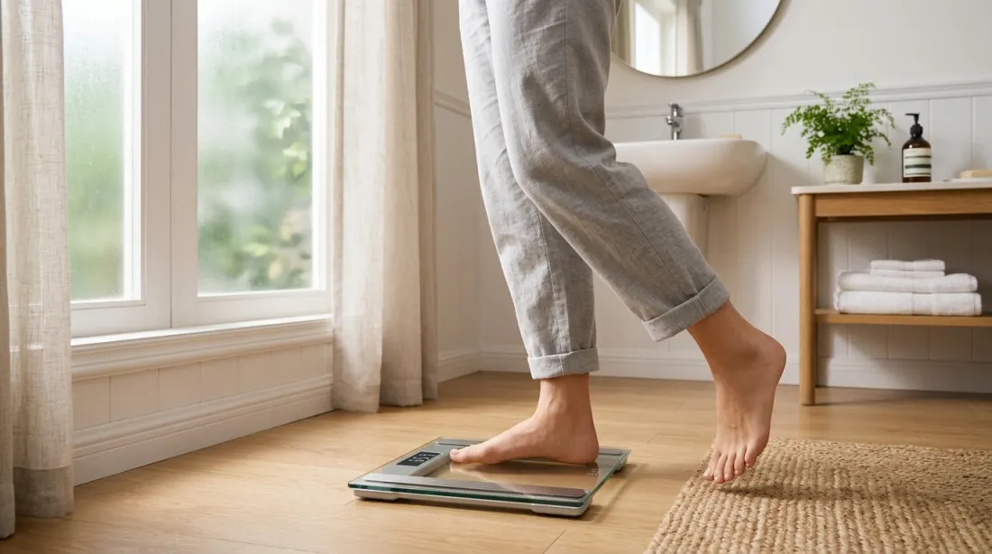 A person stepping on a bathroom scale