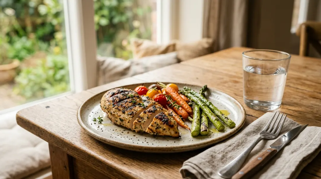 A balanced high-protein meal with vegetables and water