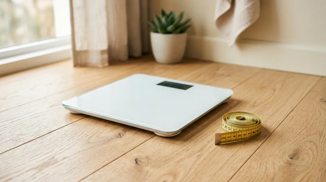A bathroom scale next to a measuring tape on a light floor