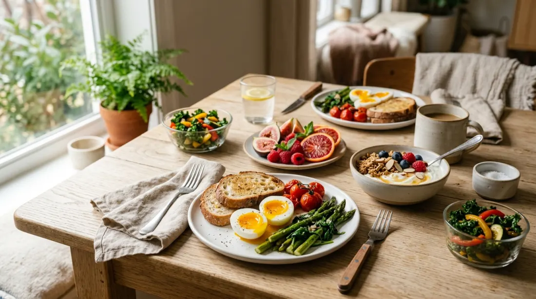 A spread of eggs, yogurt, cooked vegetables, and fruit
