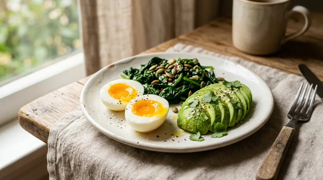 A small balanced plate with eggs, spinach, and avocado