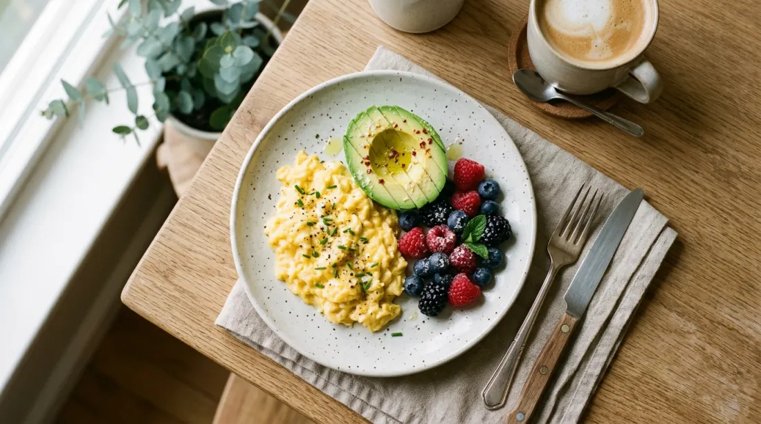 A gentle first meal of eggs, avocado, and berries on a plate
