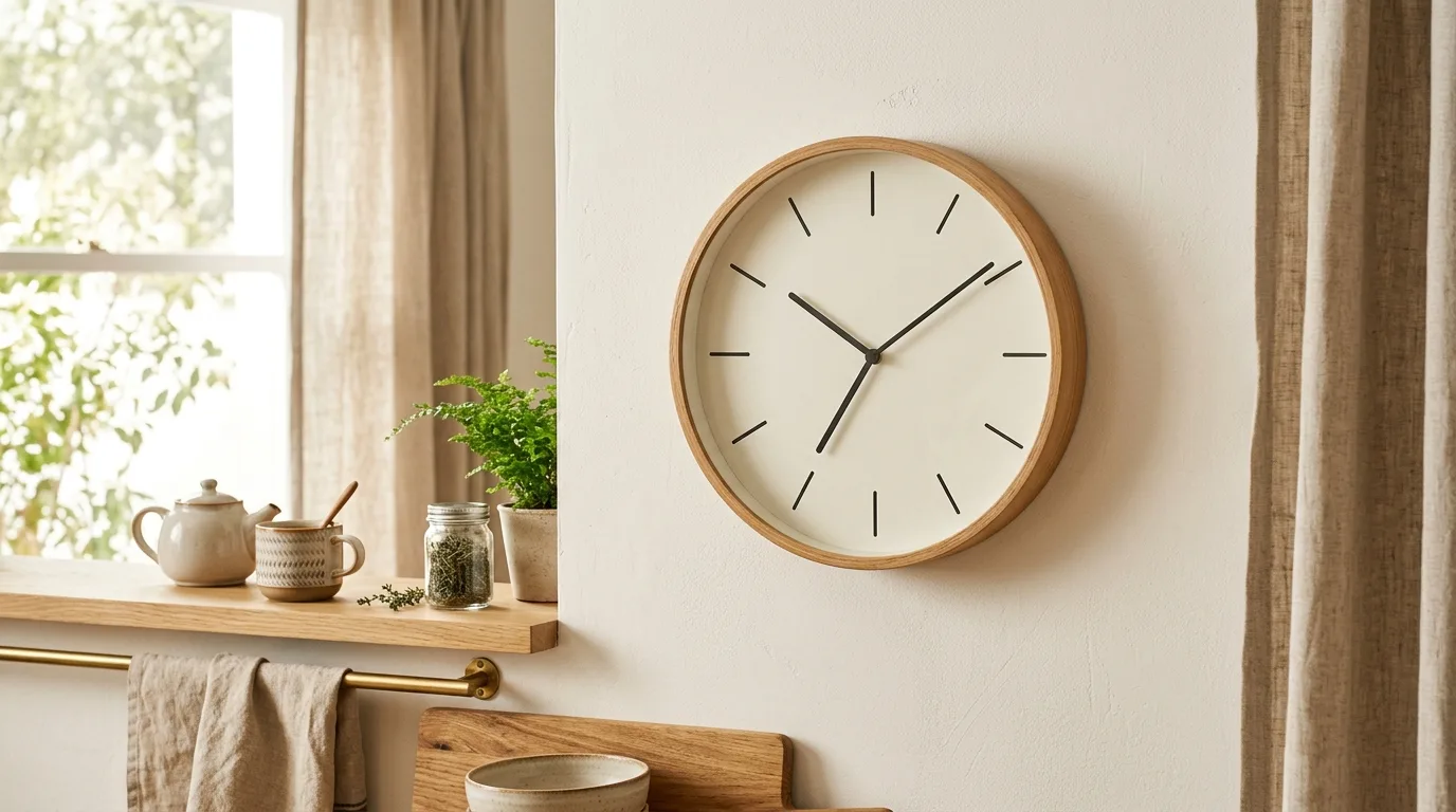 A round wall clock in a bright kitchen in soft morning light