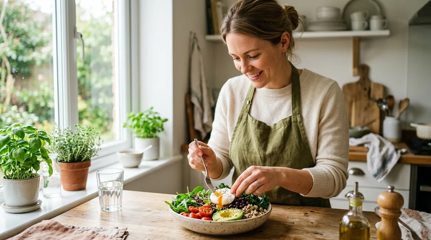 A protein-rich breakfast bowl with eggs, avocado, and greens