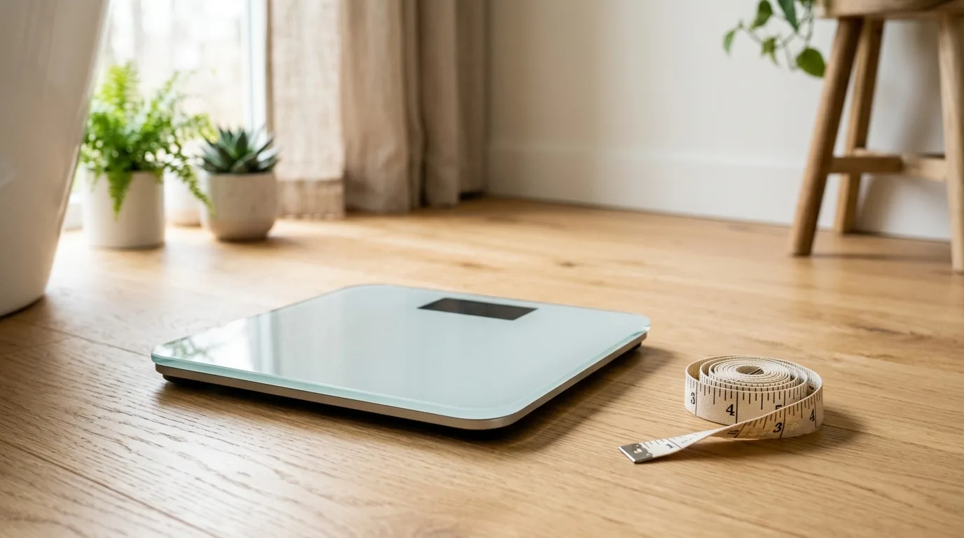 A bathroom scale next to a measuring tape on a light floor
