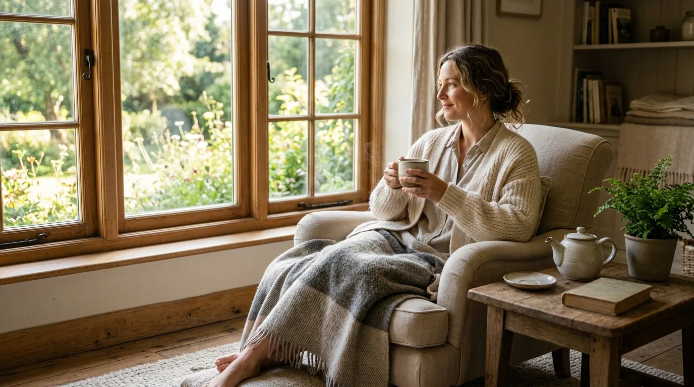 A woman relaxing with a cup of tea by a window