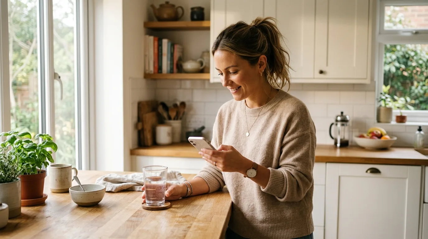 A woman checking a phone timer in a kitchen
