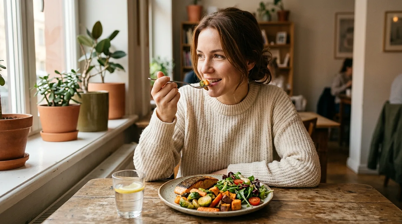 A woman eating a protein-rich balanced meal at a table