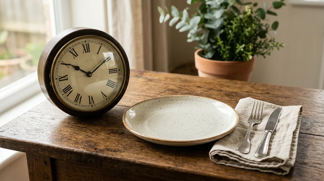 A clock beside an empty plate representing one meal a day