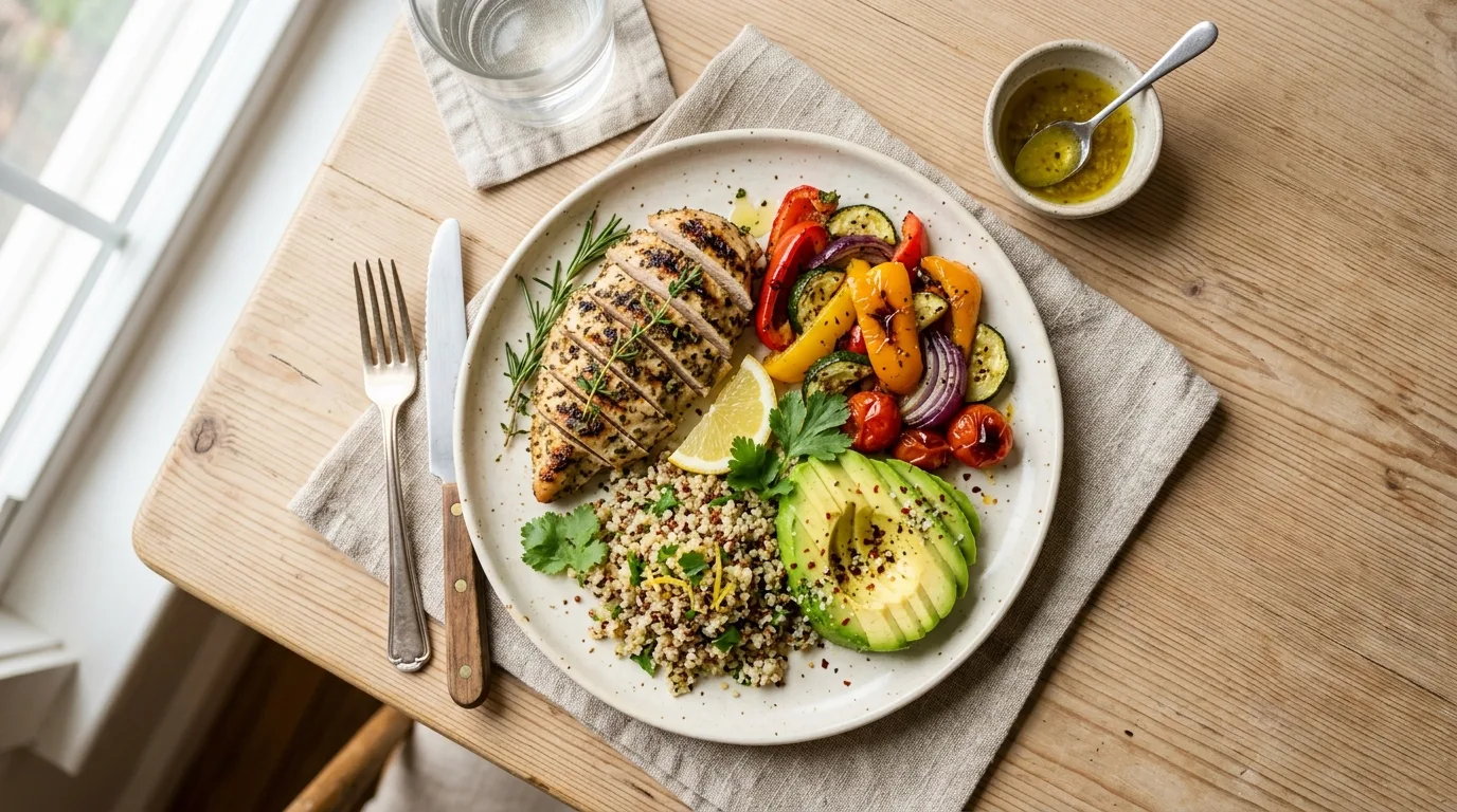 A balanced plate with protein, vegetables, and healthy fats