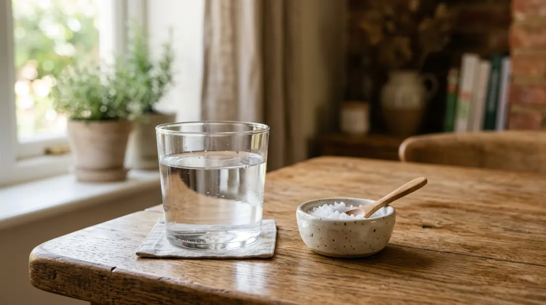 A glass of water beside a small dish of salt
