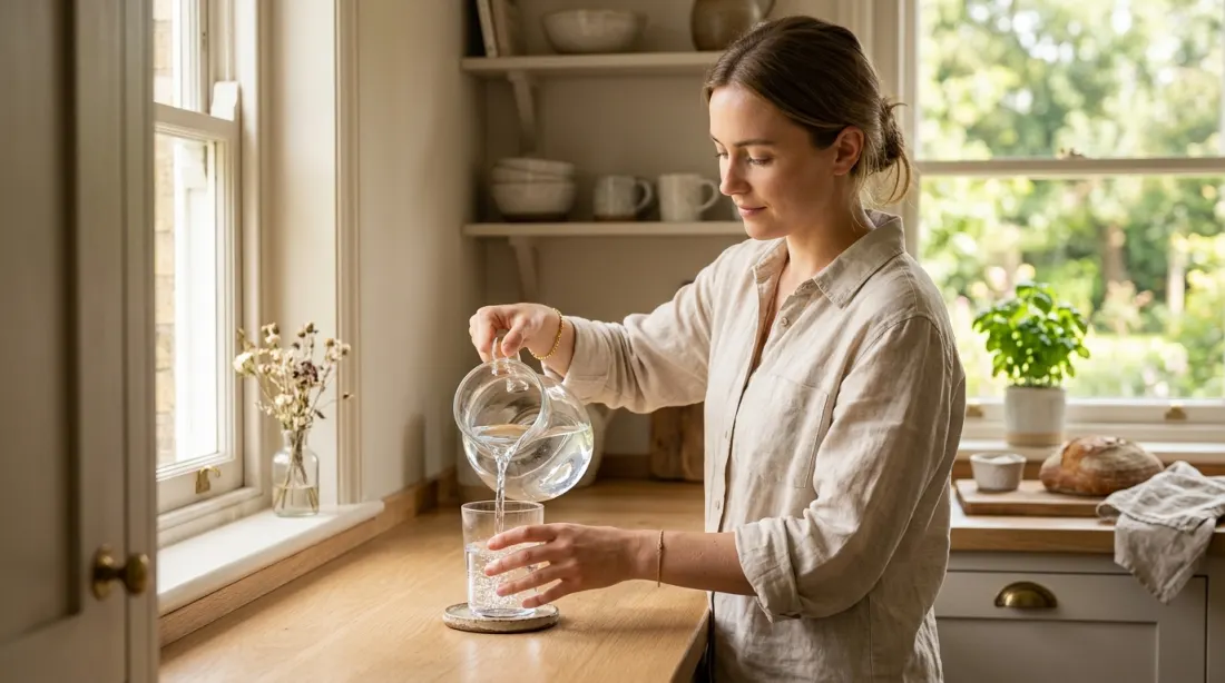 A person pouring a glass of water in a bright kitchen